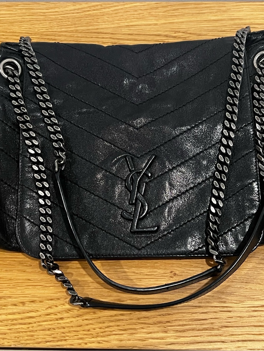 Saint Laurent Black Quilted Chevron Monogram Chain Shoulder Bag